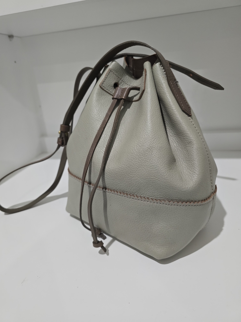 J. Crew Gray Pebbled Leather Drawstring Bucket Crossbody with Brown Trim